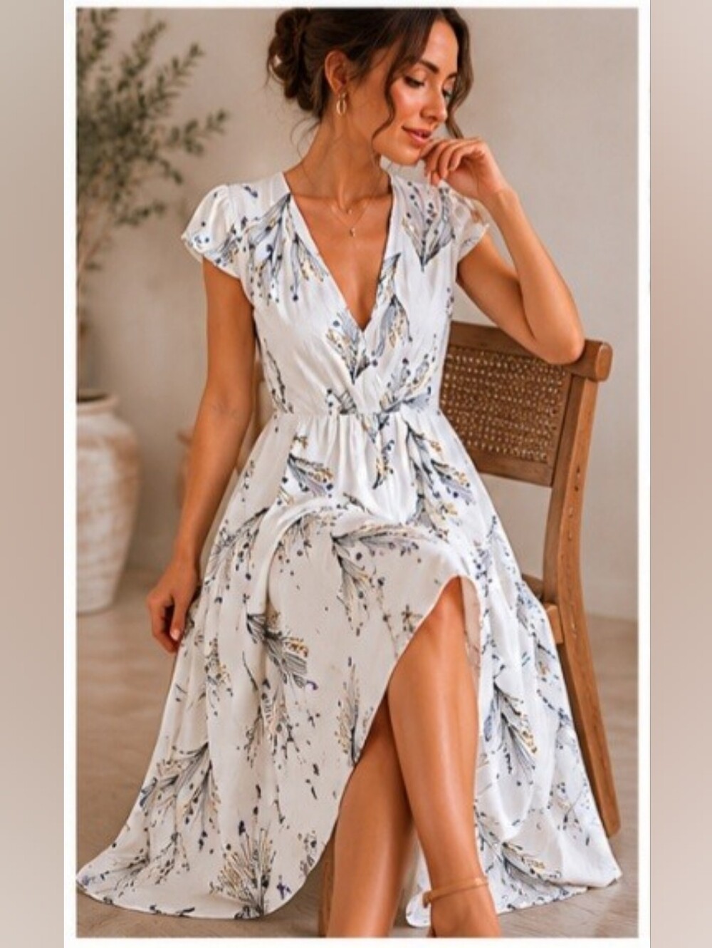 Free People White Maxi Dress with Black Botanical Linework and Mustard Accents
